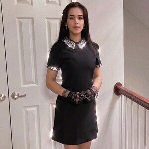 Mini Black Dress with Rhinestone Collar
